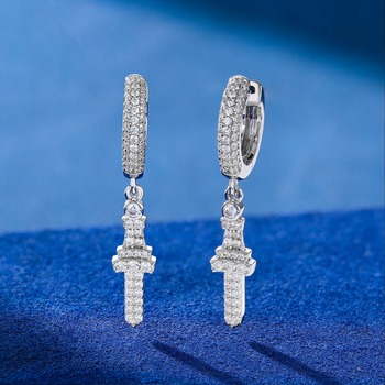 MOISSANITE CROSS DROP HOOP EARRINGS IN STERLING SILVER