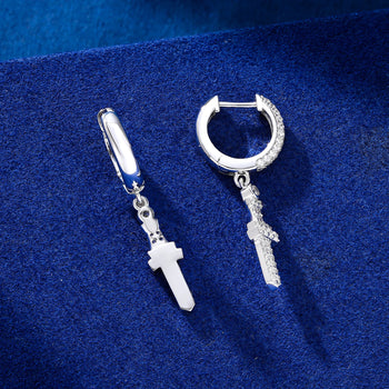MOISSANITE CROSS DROP HOOP EARRINGS IN STERLING SILVER