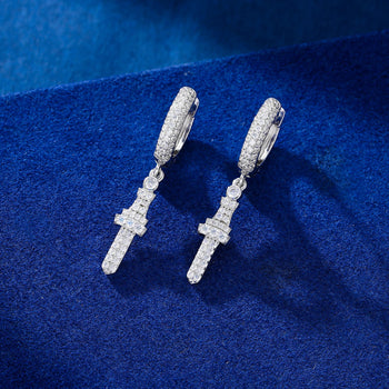 MOISSANITE CROSS DROP HOOP EARRINGS IN STERLING SILVER