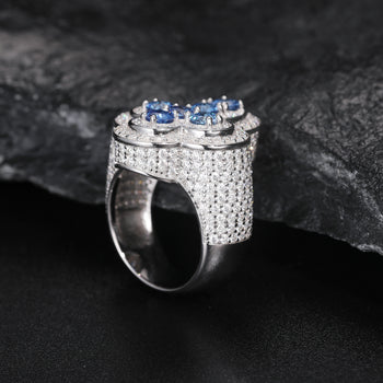 MOISSANITE DIAMOND AND BLUE CZ ICED OUT CROSS RING IN STERLING SILVER - IVORY & EBONY