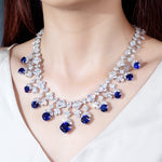 MOISSANITE DIAMOND AND LAB GROWN SAPPHIRE CHAIN NECKLACE RING EARRINGS JEWELRY SET IN STERLING SILVER