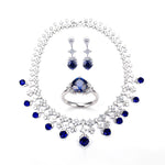 MOISSANITE DIAMOND AND LAB GROWN SAPPHIRE CHAIN NECKLACE RING EARRINGS JEWELRY SET IN STERLING SILVER