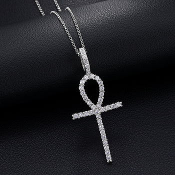 Collier pendentif croix Ankh en moissanite et diamants, en argent sterling
