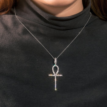 Collier pendentif croix Ankh en moissanite et diamants, en argent sterling