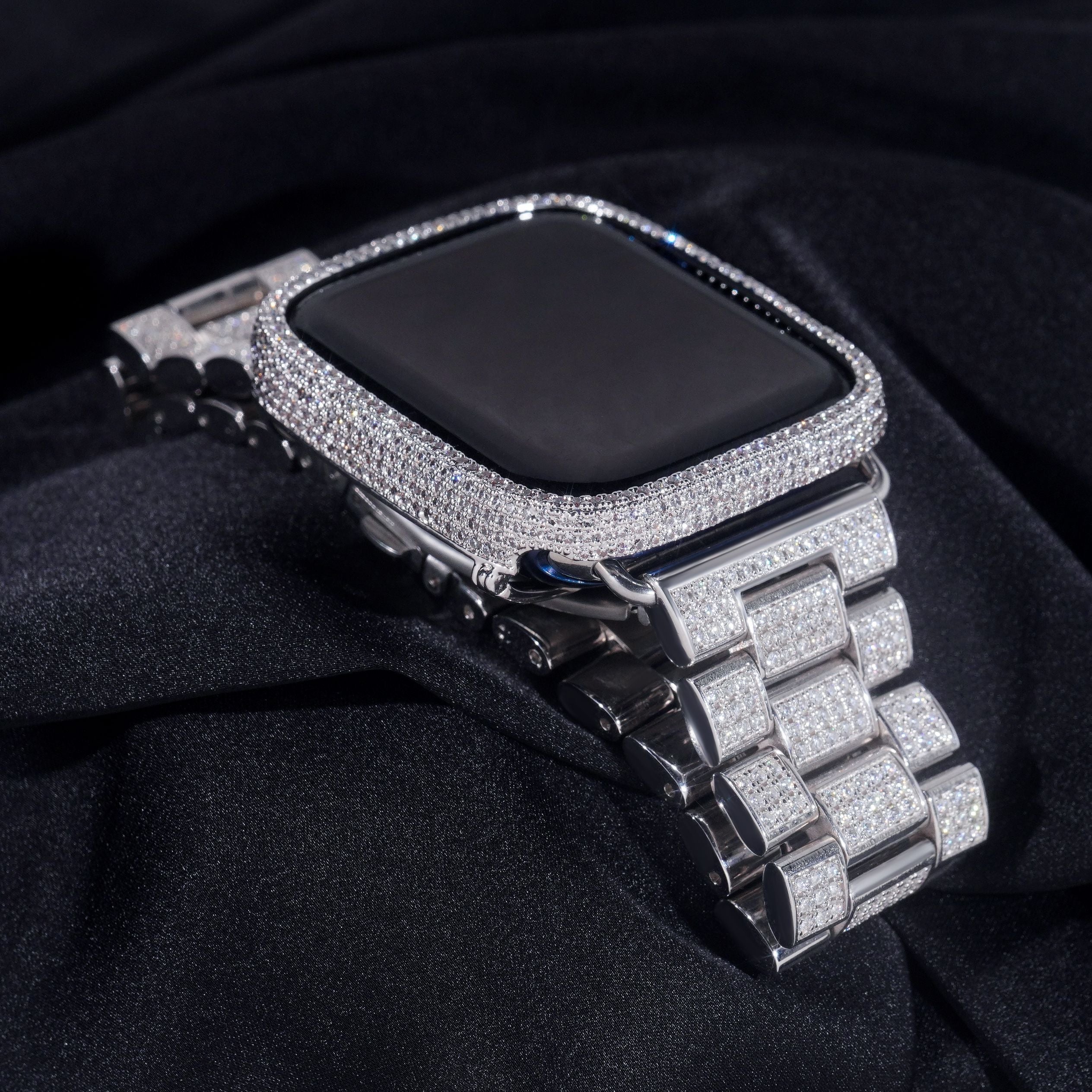 MOISSANITE DIAMOND APPLE WATCH BAND IN STERLING SILVER IVORY EBONY