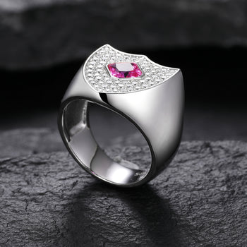 ASSCHER CUT MOISSANITE GUARD SHIELD SIGNET RING IN STERLING SILVER