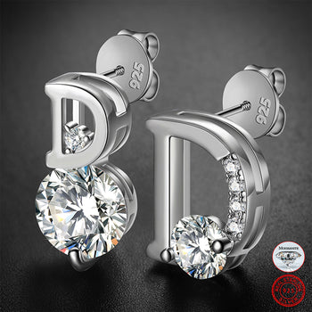 MOISSANITE DIAMOND ASYMMETRIC LETTER D STUD EARRINGS IN STERLING SILVER - IVORY & EBONY