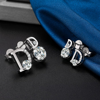 MOISSANITE DIAMOND ASYMMETRIC LETTER D STUD EARRINGS IN STERLING SILVER - IVORY & EBONY
