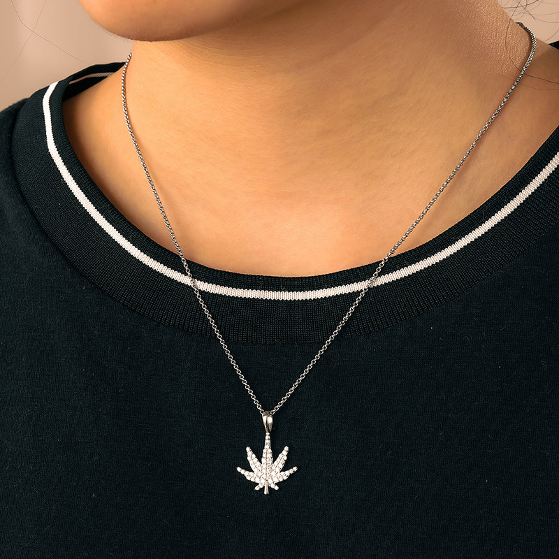 MOISSANITE DIAMOND CANNABIS WEED LEAF PENDANT IN STERLING SILVER