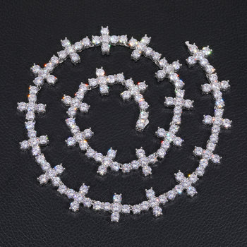 MOISSANITE DIAMOND CLUSTER CROSS TENNIS CHAIN NECKLACE IN STERLING SILVER - IVORY & EBONY