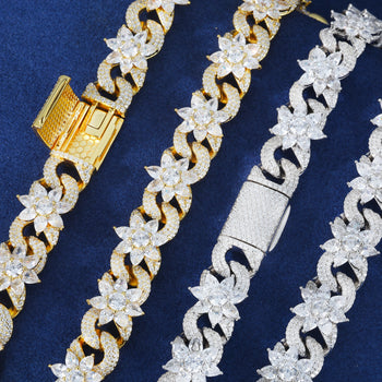 MOISSANITE FLOWER CUBAN BRACELET AND NECKLACE IN STERLING SILVER