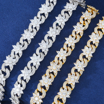 MOISSANITE FLOWER CUBAN BRACELET AND NECKLACE IN STERLING SILVER