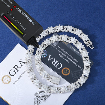 MOISSANITE FLOWER CUBAN BRACELET AND NECKLACE IN STERLING SILVER