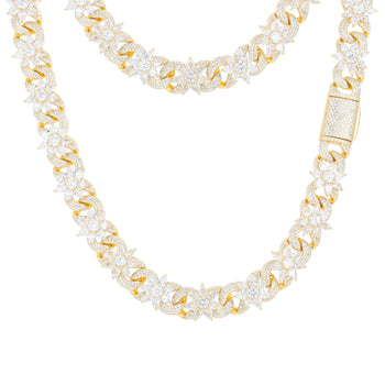 MOISSANITE FLOWER CUBAN BRACELET AND NECKLACE IN STERLING SILVER