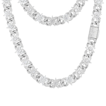 MOISSANITE FLOWER CUBAN BRACELET AND NECKLACE IN STERLING SILVER