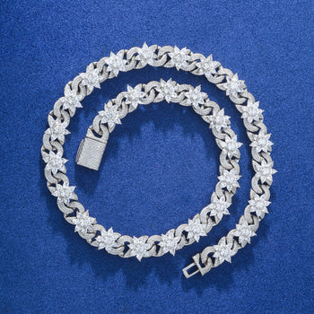 MOISSANITE FLOWER CUBAN BRACELET AND NECKLACE IN STERLING SILVER