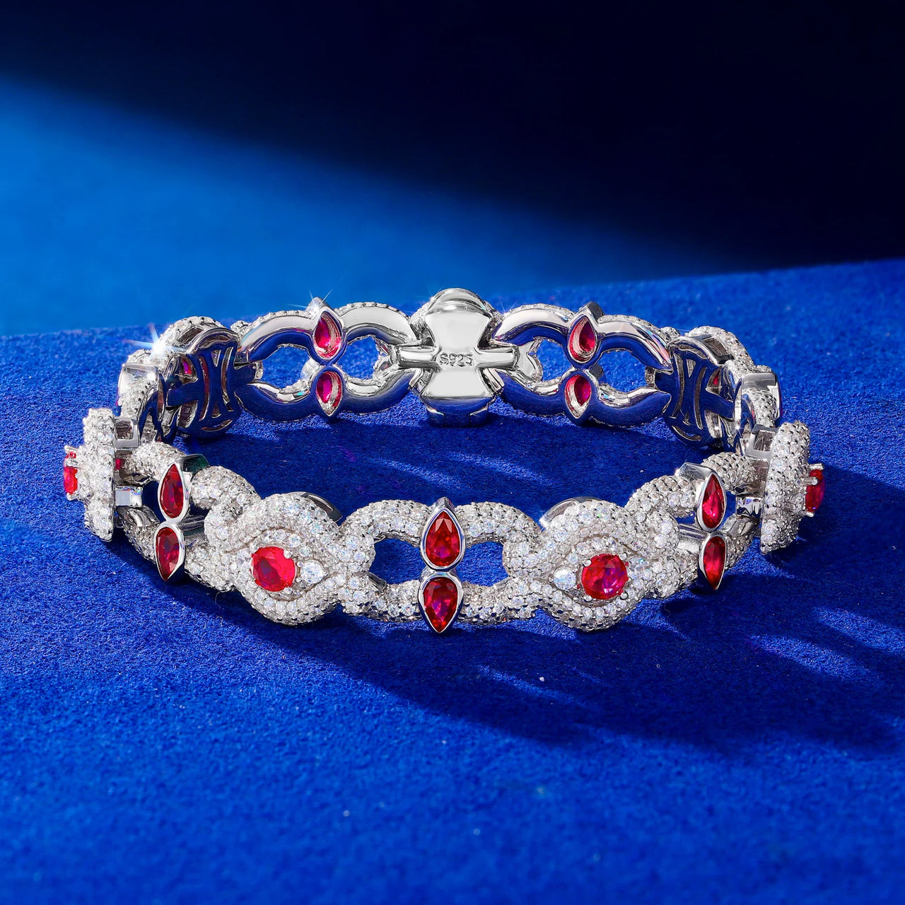 MOISSANITE DIAMOND CRIMSON HALO EVIL EYE BRACELET IN STERLING SILVER