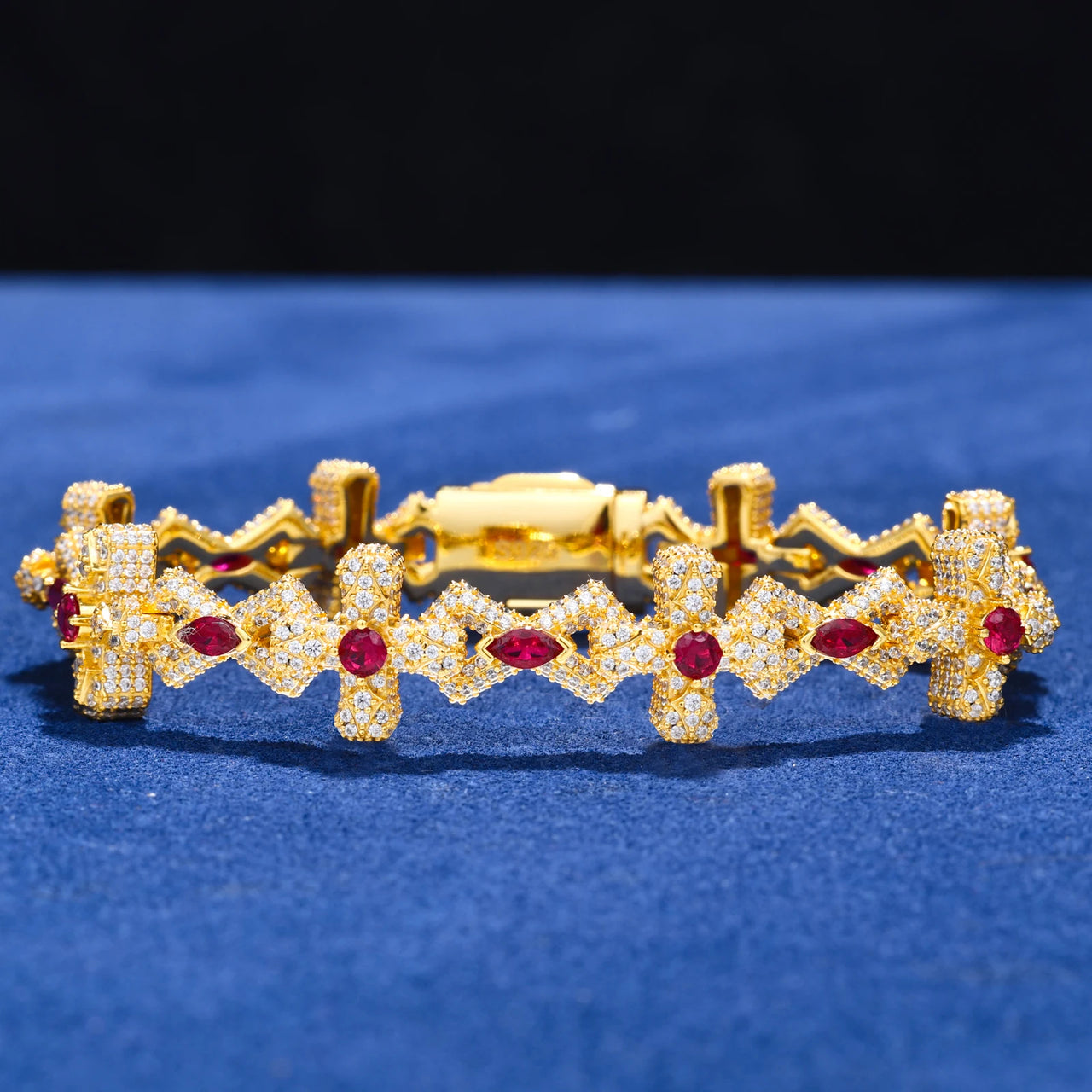 MOISSANITE DIAMOND CRIMSON SOVEREIGN CROSS BRACELET IN STERLING SILVER