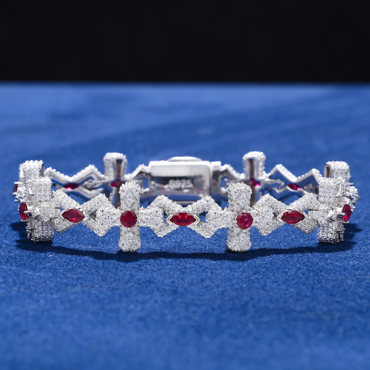 MOISSANITE DIAMOND CRIMSON SOVEREIGN CROSS BRACELET IN STERLING SILVER