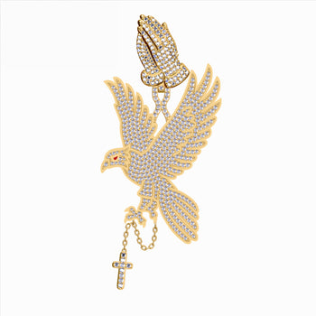 MOISSANIT-DIAMANT-KREUZ-ANHÄNGER MIT BETENDER HAND UND ADLER IN STERLINGSILBER