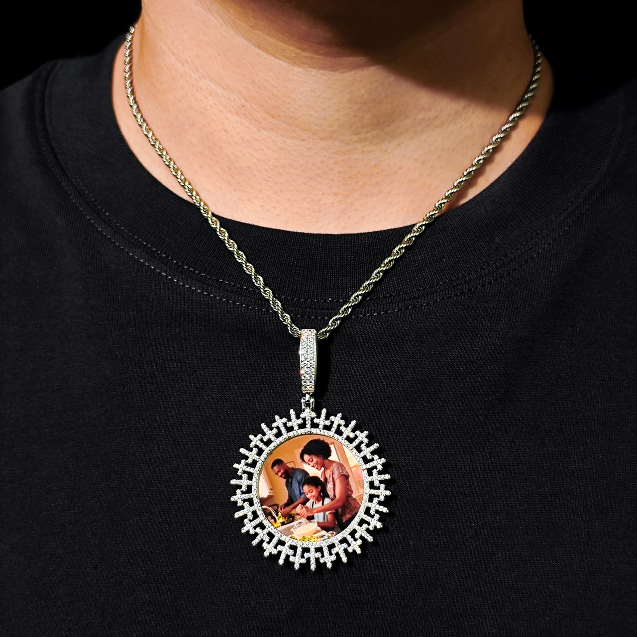 MOISSANITE DIAMOND CROSS PHOTO PENDANT IN STERLING SILVER