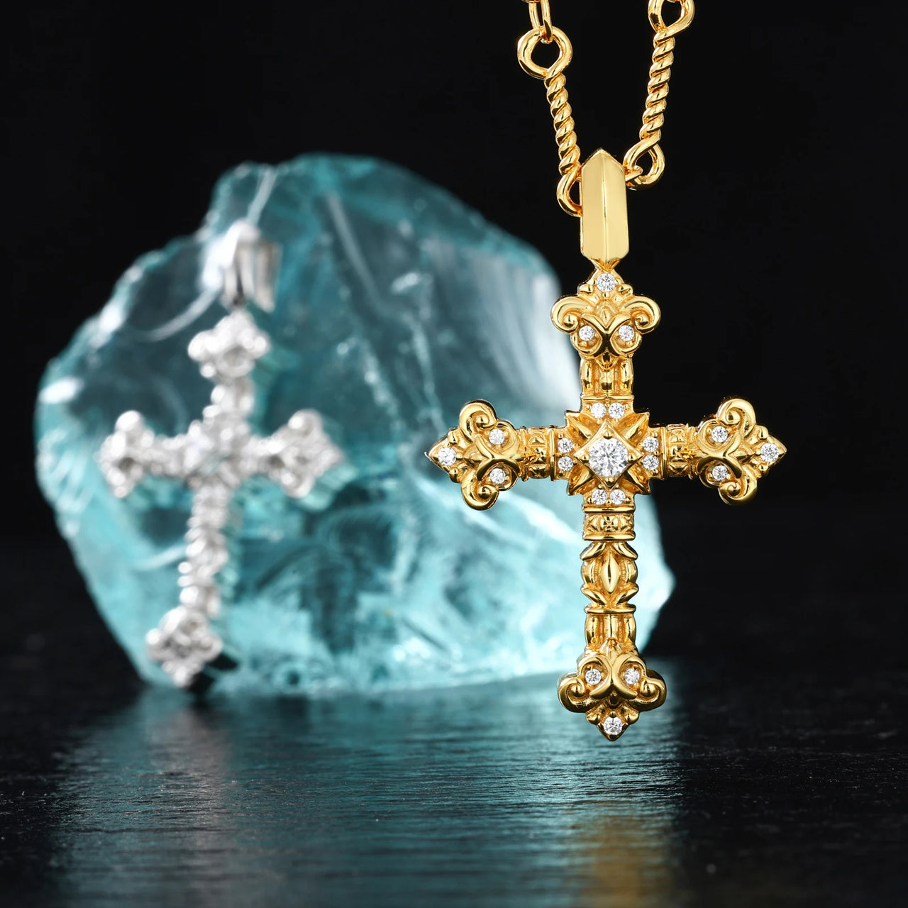 MOISSANITE DIAMOND CROSS CRUX GEMMATA PENDANT IN STERLING SILVER