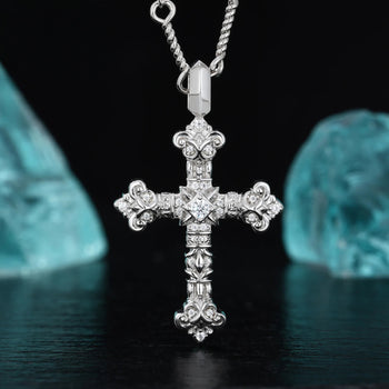 MOISSANITE DIAMOND CROSS CRUX GEMMATA PENDANT IN STERLING SILVER