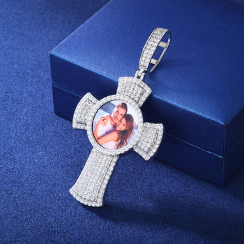 MOISSANITE DIAMOND PHOTO CROSS PENDANT IN STERLING SILVER