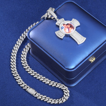 MOISSANITE DIAMOND PHOTO CROSS PENDANT IN STERLING SILVER