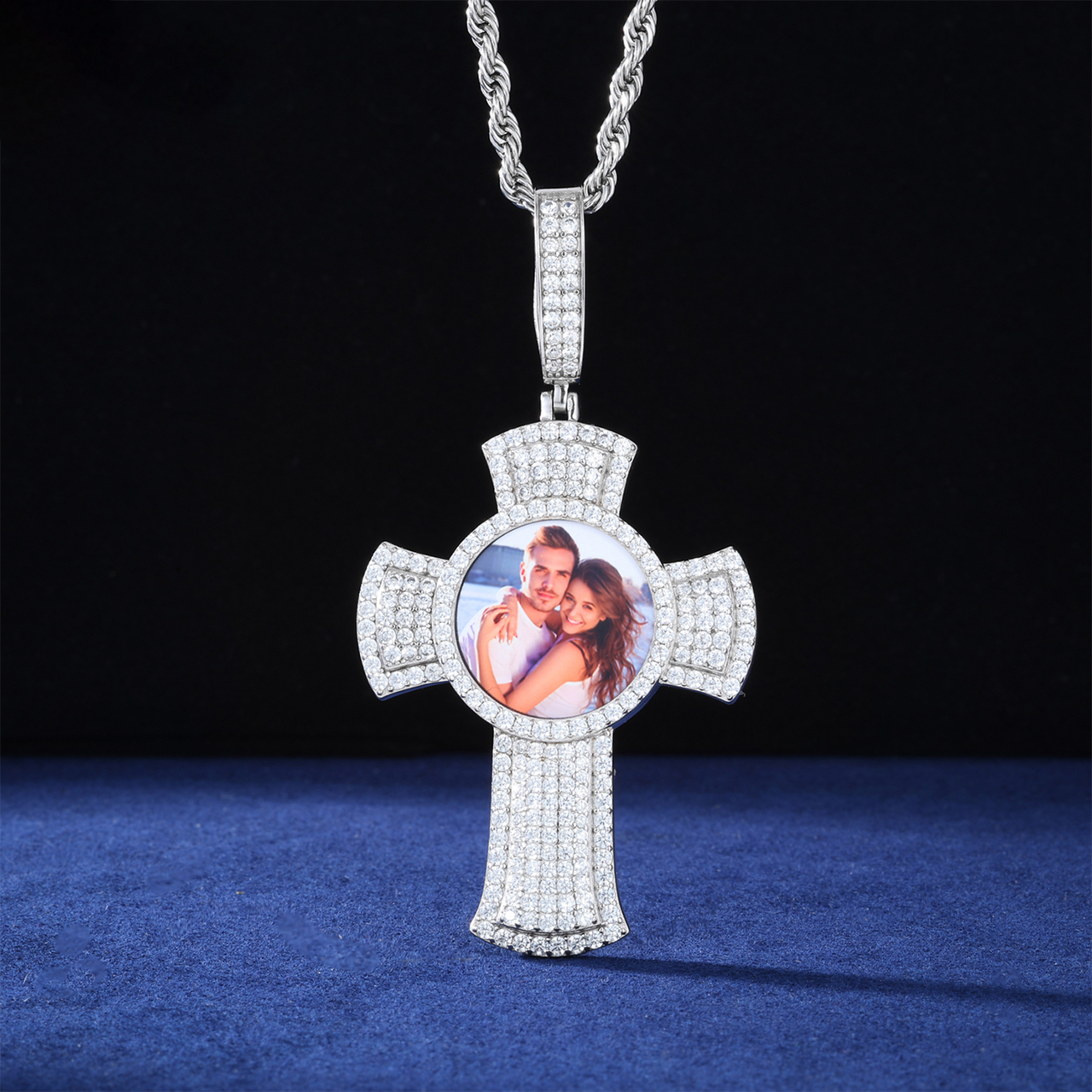 MOISSANITE DIAMOND PHOTO CROSS PENDANT IN STERLING SILVER