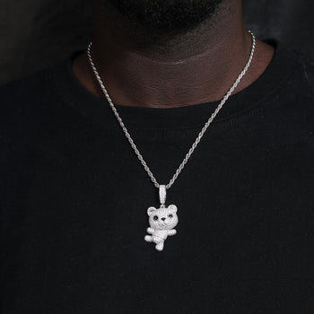 MOISSANITE DIAMOND DANCING LITTLE BEAR PENDANT IN STERLING SILVER - IVORY & EBONY