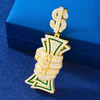 MOISSANITE DIAMOND DOLLAR SIGN MONEY GRAB PENDANT IN STERLING SILVER