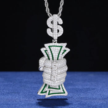 MOISSANITE DIAMOND DOLLAR SIGN MONEY GRAB PENDANT IN STERLING SILVER