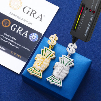 MOISSANITE DIAMOND DOLLAR SIGN MONEY GRAB PENDANT IN STERLING SILVER