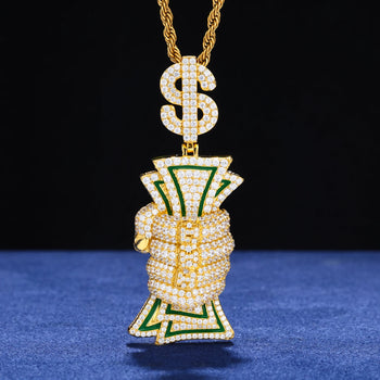 MOISSANITE DIAMOND DOLLAR SIGN MONEY GRAB PENDANT IN STERLING SILVER