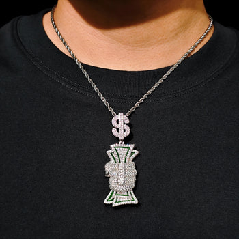 MOISSANITE DIAMOND DOLLAR SIGN MONEY GRAB PENDANT IN STERLING SILVER