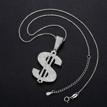 Pendentif en forme de dollar serti de diamants et de moissanite, en argent sterling