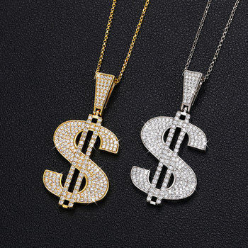 Pendentif en forme de dollar serti de diamants et de moissanite, en argent sterling