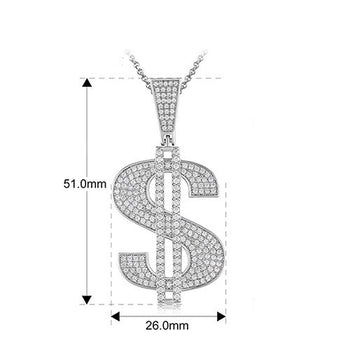 Pendentif en forme de dollar serti de diamants et de moissanite, en argent sterling