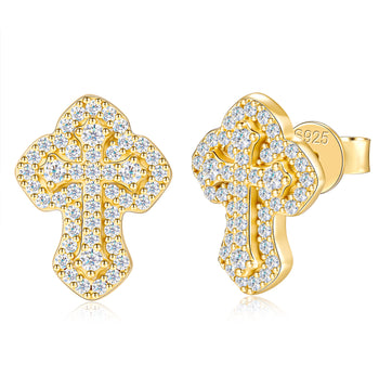 Boucles d'oreilles puces en forme de croix double couche serties de diamants moissanite et montées sur argent sterling 