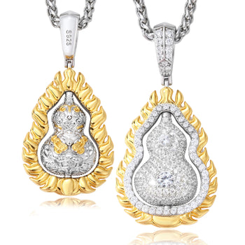 MOISSANITE DIAMOND DOUBLE SIDED ROTATABLE FLAME GOURD PENDANT IN STERLING SILVER