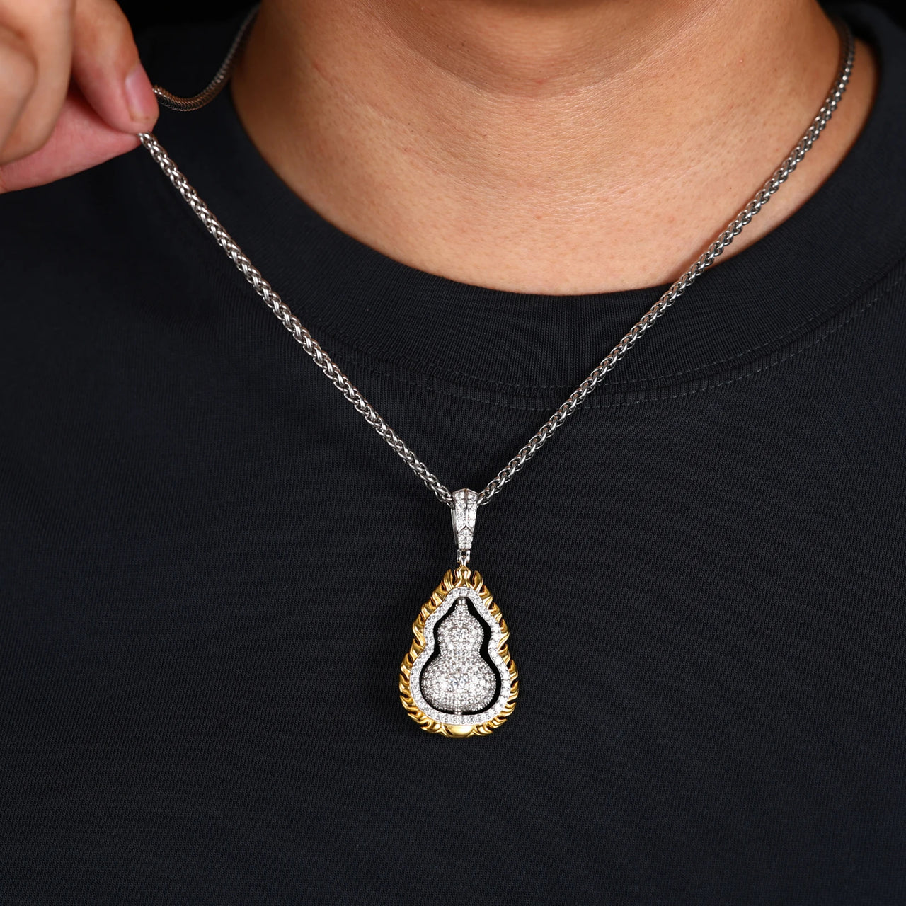 MOISSANITE DIAMOND DOUBLE SIDED ROTATABLE FLAME GOURD PENDANT IN STERLING SILVER