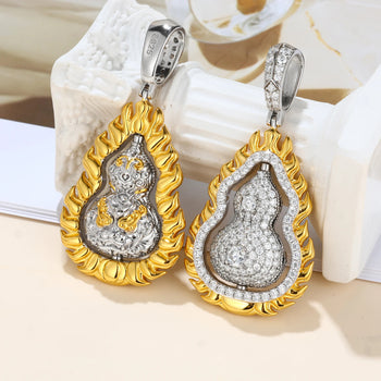 MOISSANITE DIAMOND DOUBLE SIDED ROTATABLE FLAME GOURD PENDANT IN STERLING SILVER