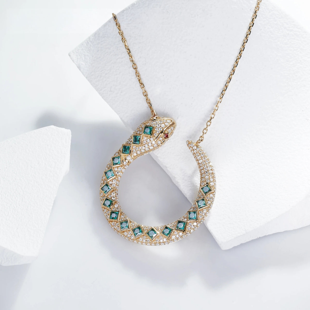 MOISSANITE DIAMOND EMERALD SERPENT PENDANT IN SOLID GOLD