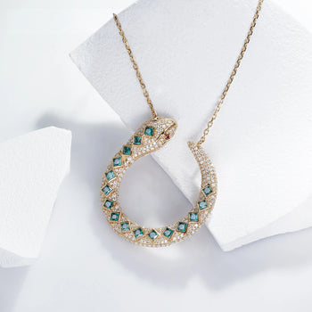 MOISSANITE DIAMOND EMERALD SERPENT PENDANT IN SOLID GOLD