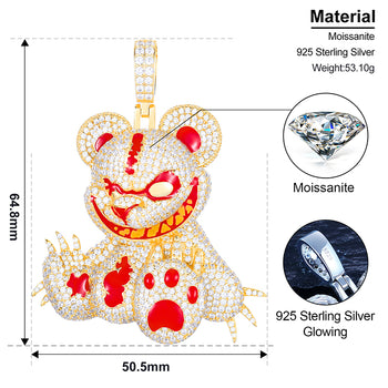 Collier pendentif ours maléfique en moissanite et diamants, en argent sterling