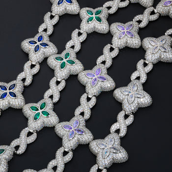 MOISSANITE DIAMOND FOUR LEAF CLOVER INFINITY LINK BRACELET IN STERLING SILVER