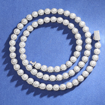 Collier ou bracelet tennis en argent sterling, orné de moissanite, de diamants et de perles d'eau douce.