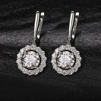 MOISSANITE DIAMOND HALO DROP EARRINGS IN STERLING SILVER - IVORY & EBONY