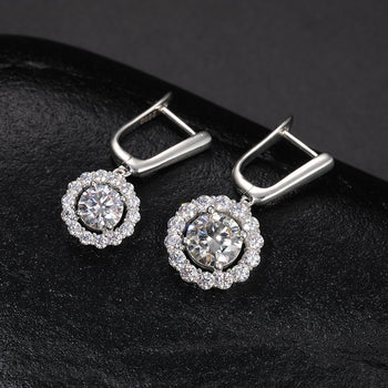 MOISSANITE DIAMOND HALO DROP EARRINGS IN STERLING SILVER - IVORY & EBONY